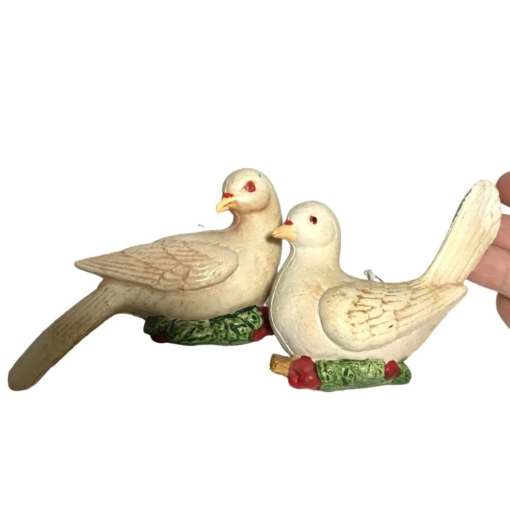 Dove Birds Christmas Tree Ornament Holly Accents Hard Plastic